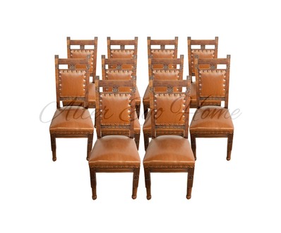 Комплект для столовой из десяти антикварных стульев с кожаной обивкой 1900-х гг.